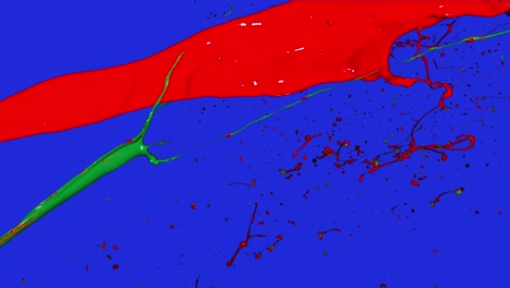 paint splashing for left and right in slow motion,green and red paint splatter isolated on blue screen 4k