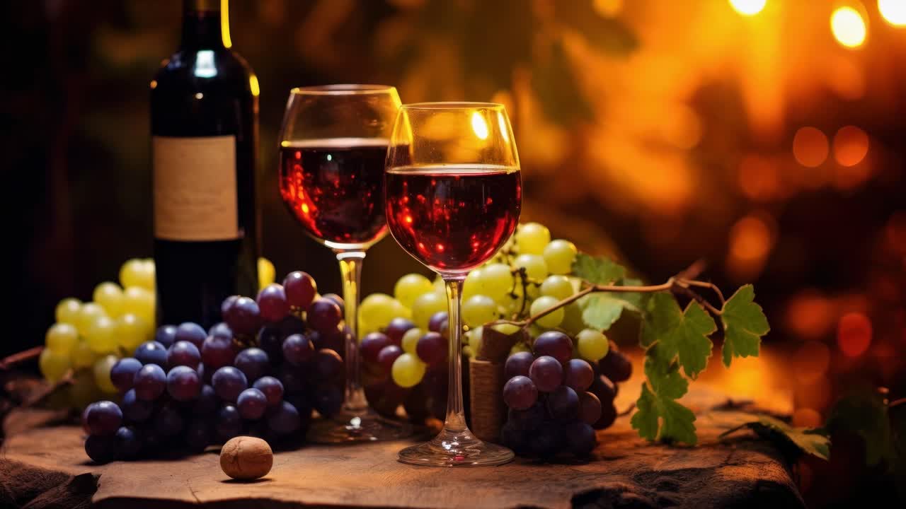 Varm og rustikk video scene av vin og druer på et trebord