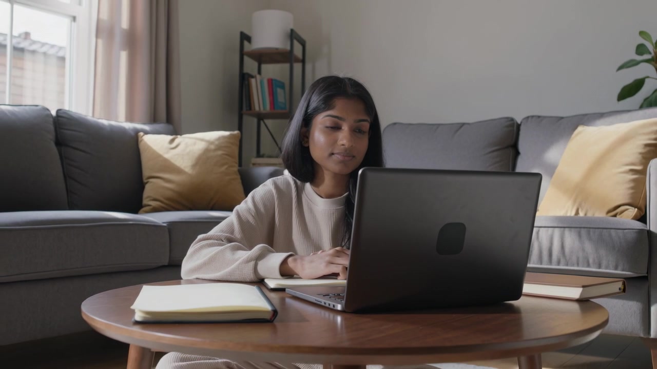 Studying woman in cream top typing laptop, glancing at notebook at home as camera pulling back