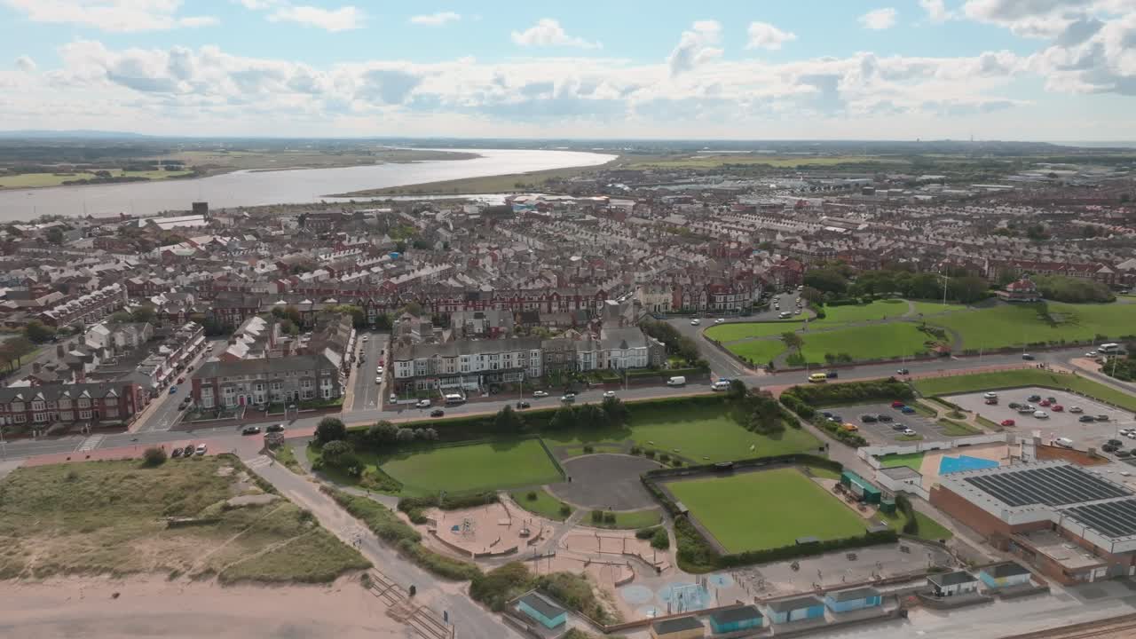 Fleetwood Northern Aspect Static Slow Pan Showing Leisure Complex, Urbanised Areas And Peninsula Headland With Derelict Docklands. Lancashire, UK