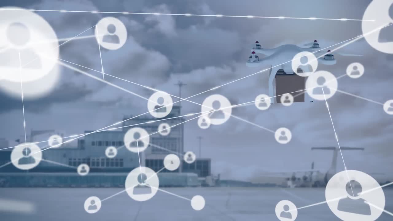 animación de la red de conexiones con iconos sobre drones que llevan paquetes