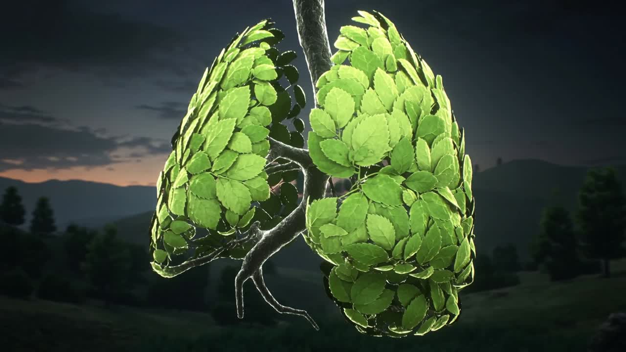Cielo che si rischiara causando lo spostamento e il gonfiarsi di foglie-polmoni rotanti al crepuscolo, mostrando i bronchi del tronco.