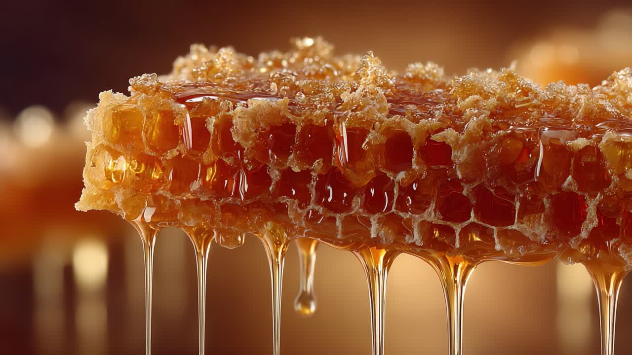 Affascinante primo piano di un favo dorato che cola miele delizioso, evidenziando la dolcezza e la consistenza naturali di questa meraviglia della natura.