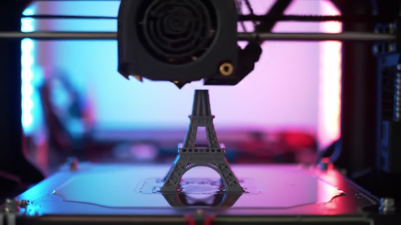 A Captivating Display of a 3D Printer in Action Producing an Intricate Model of a Tower, Showcasing Advanced Technology and Creative Design in a Modern Workspace