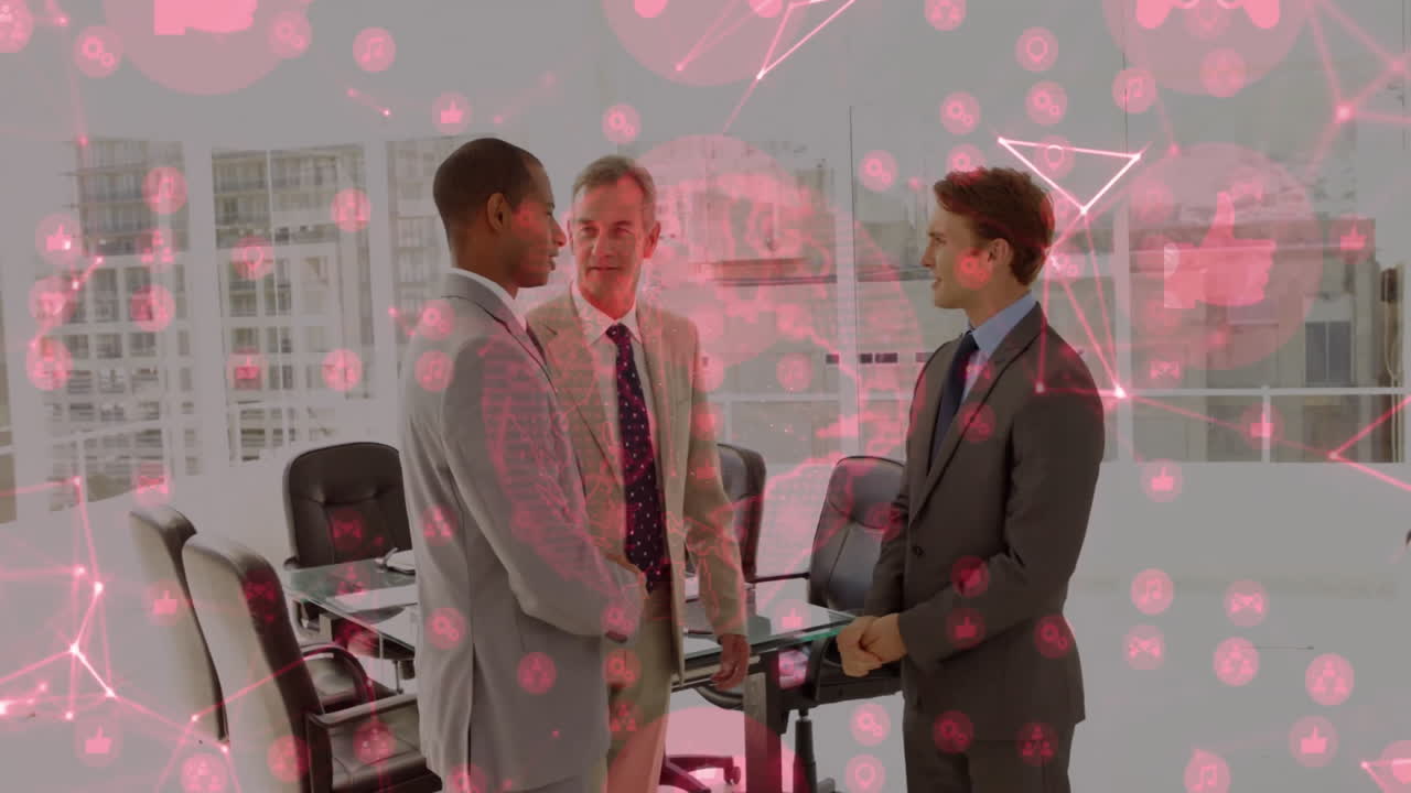 Business professionals shaking hands in glass-topped boardroom, with floating pink network icons