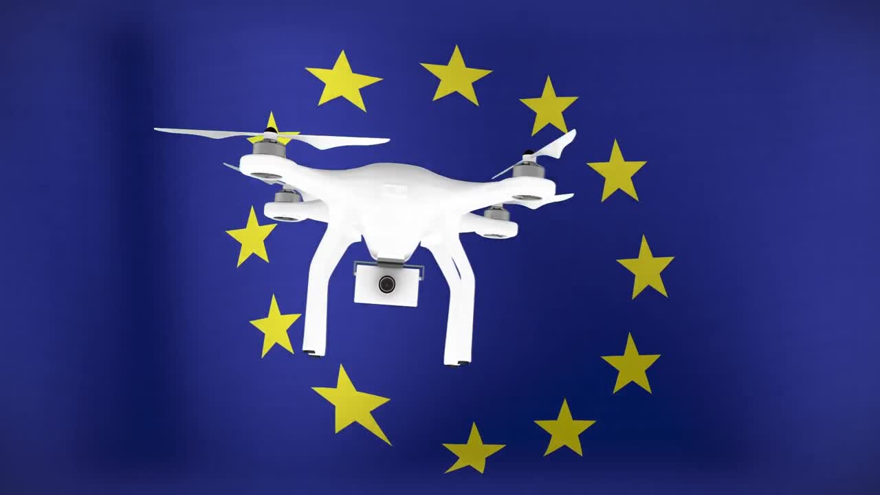 Animazione di drone che vola sulla bandiera dell'UE