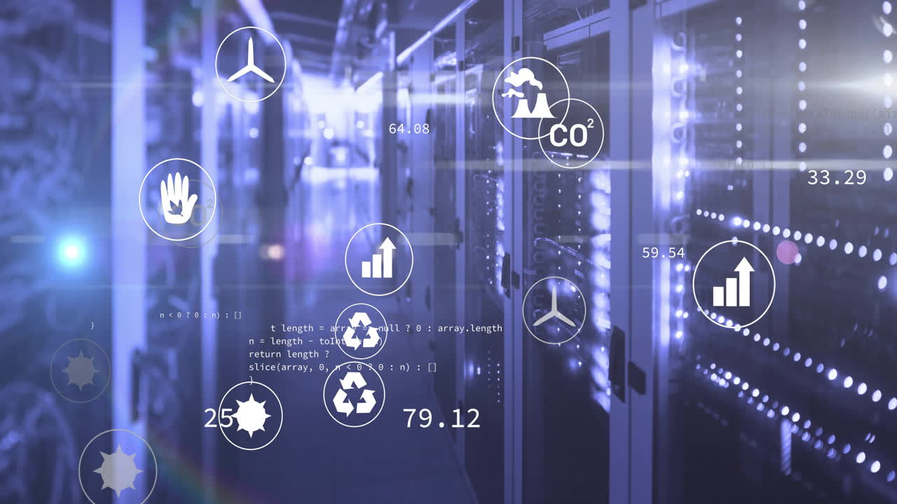 Data processing animation over server room with environmental icons and statistics