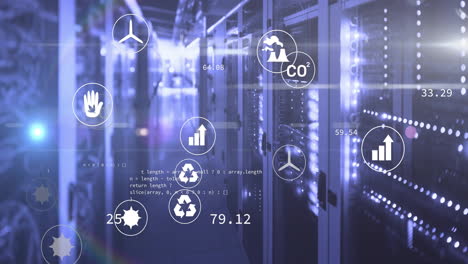 data processing animation over server room with environmental icons and statistics