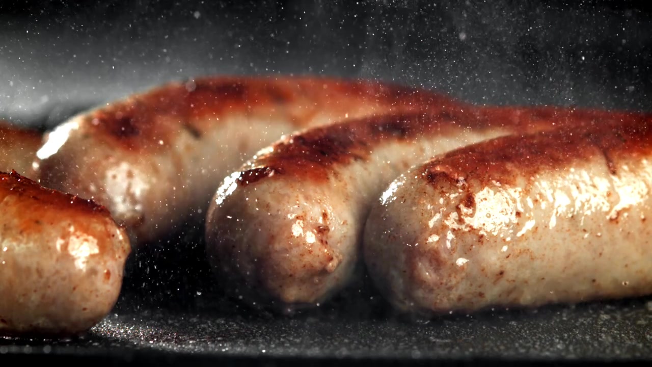 Salsicce deliziose sfrigolanti e fumanti in una padella rovente