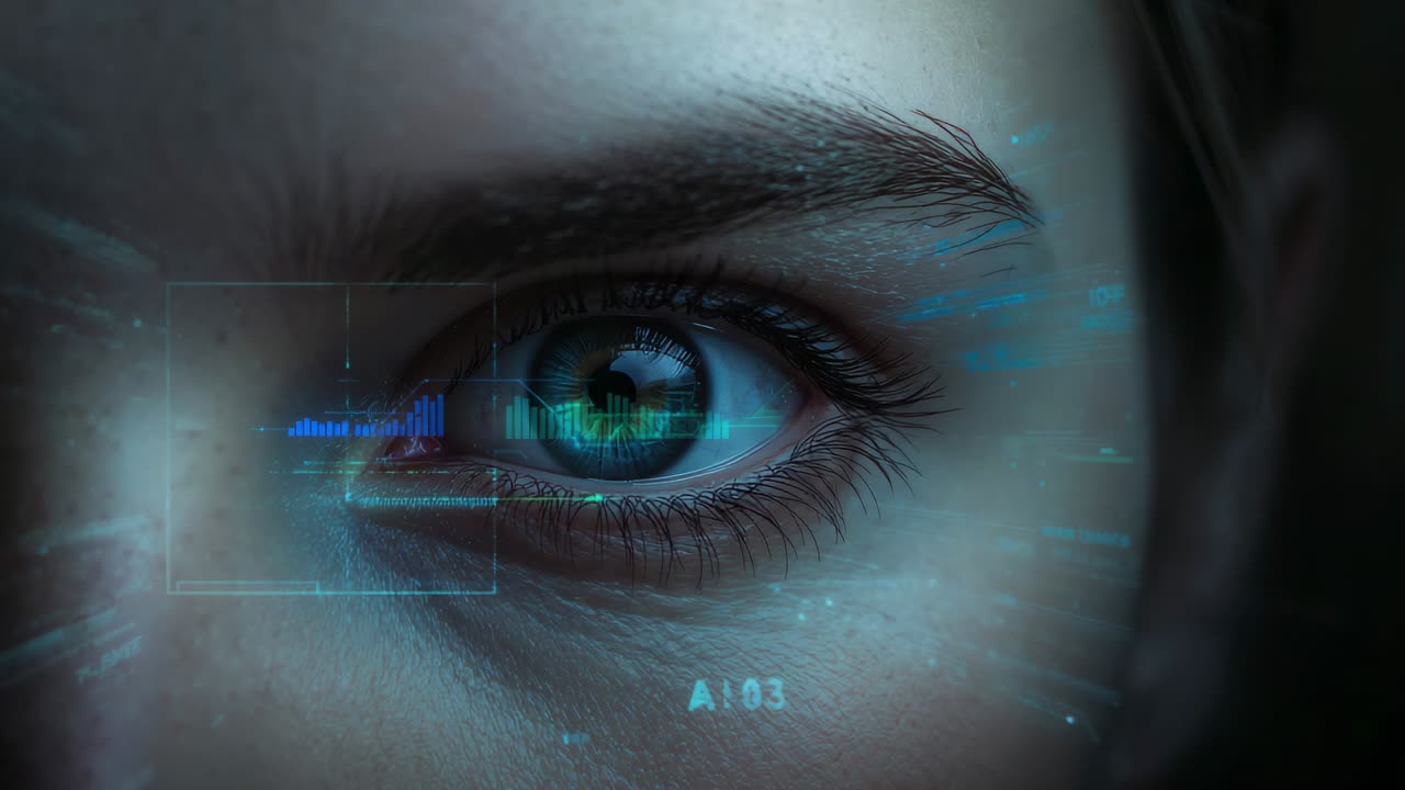 HUD activating, eye undergoing biometric scan in dim studio close-up for ID, with reticle