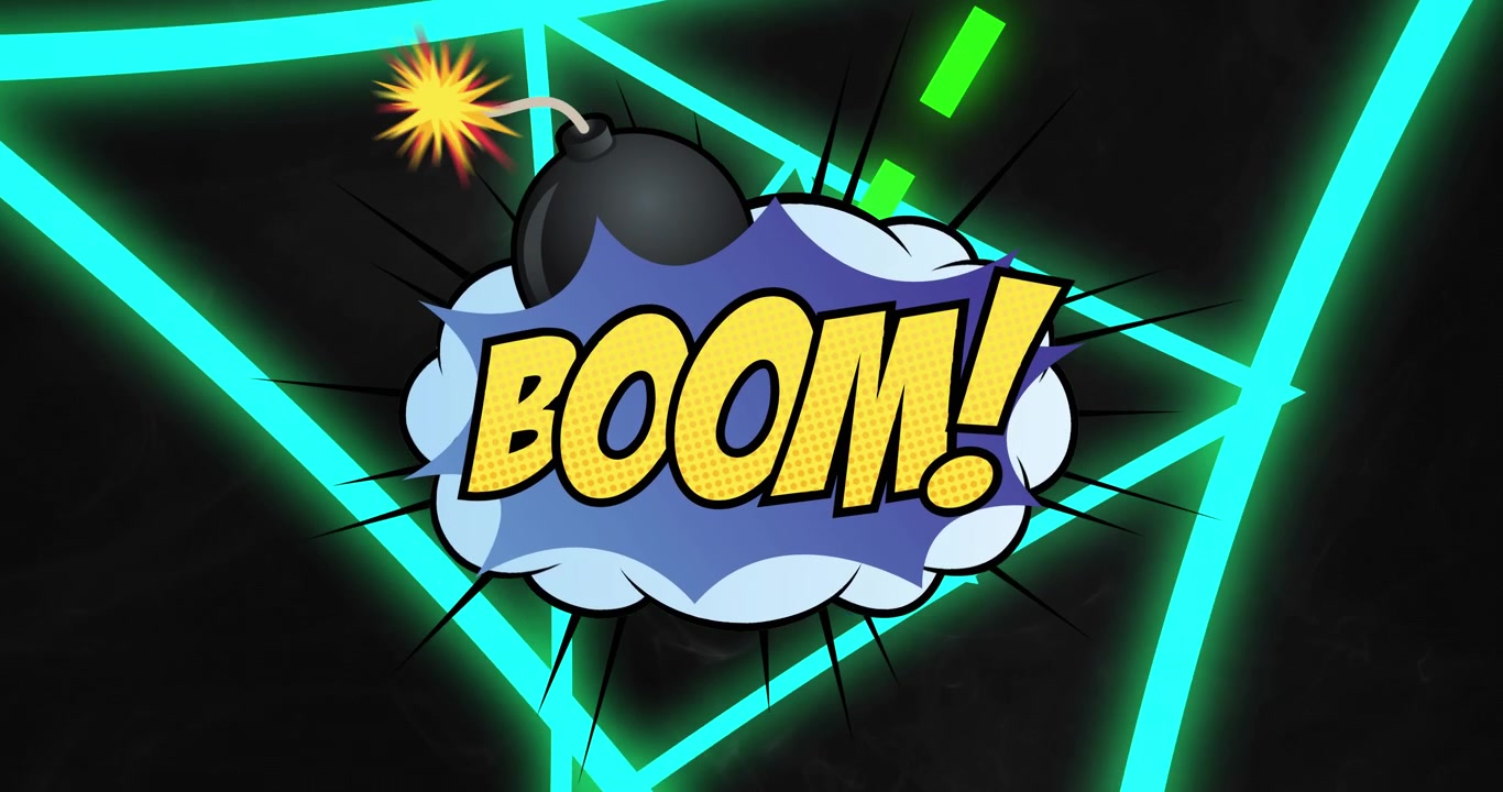 Animation of boom text over neon triangles on black background