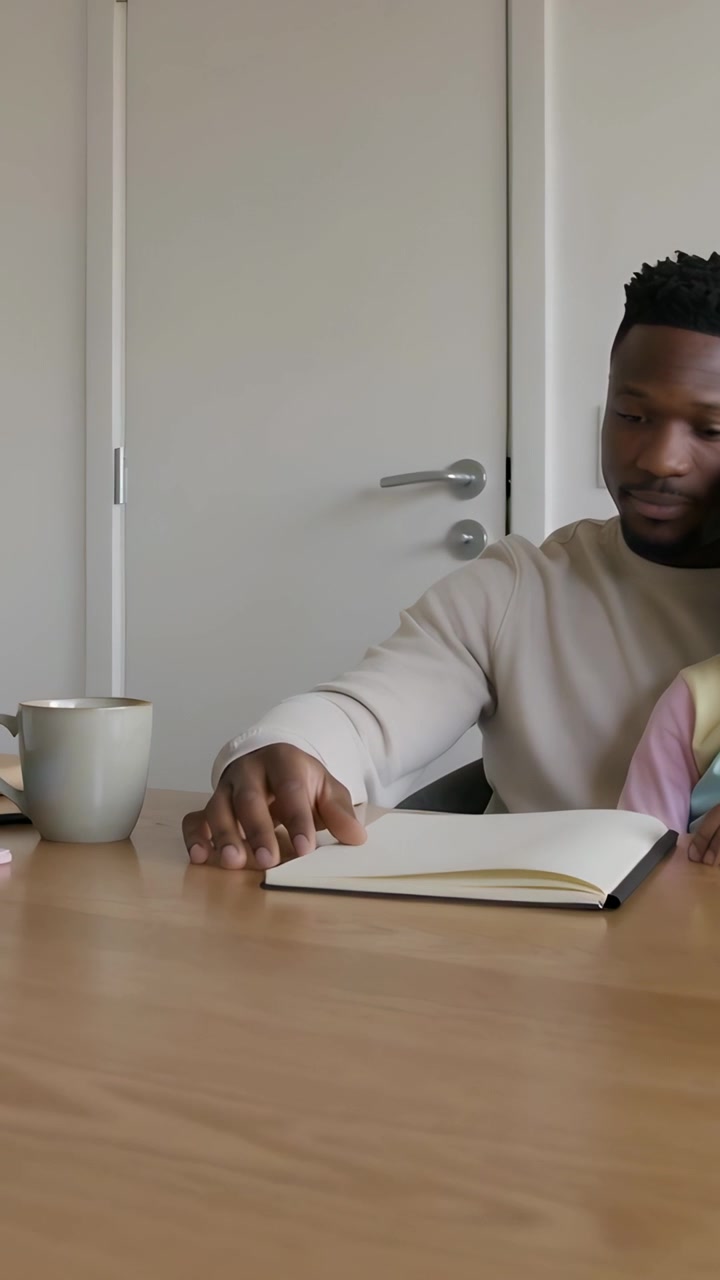 Vertical video: Holding notebook on wooden table, man in beige knit responding to kid, copy space