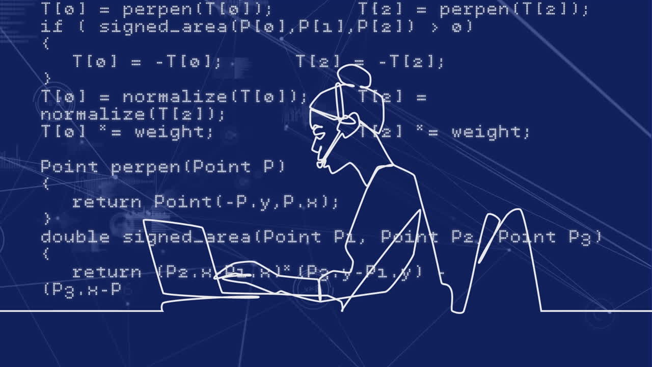 Animation of data processing and woman using laptop on blue background