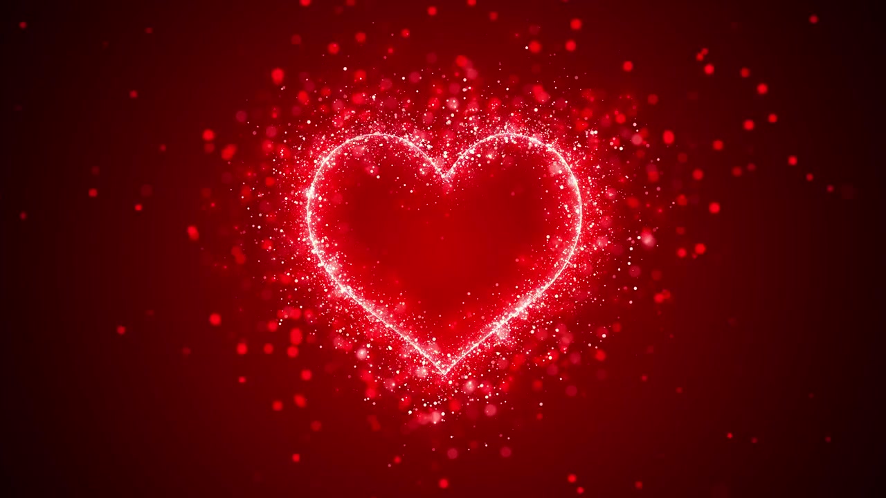 Sfondo rosso scintillante a forma di cuore d'amore con contorno di cuore luminoso, particelle bokeh soffici e glitter luminosi.