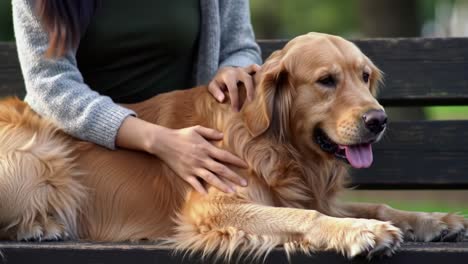 a calm moment of bonding: a golden retriever enjoys time with its owner on a park bench, relaxing in the warm sunlight of a beautiful day