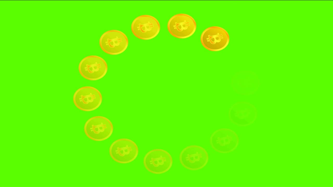 Animation of loading in the form of Bitcoins on a green background.