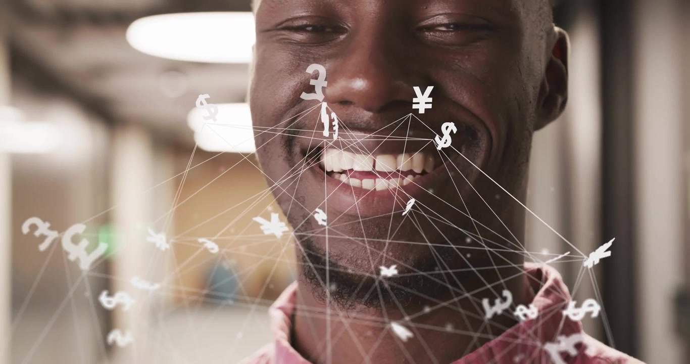 Man opening eyes and analyzing financial network in office with animated currency symbols orbiting