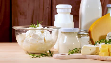 assorted dairy items displayed on wooden surface