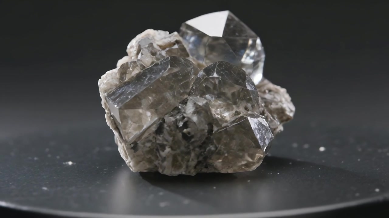 Piattaforma girevole che ruota rivelando un gruppo di quarzo fumé su un tavolo da studio, mostrando riflessi e bokeh.