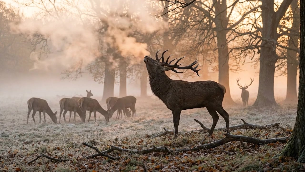 Red Deer Stag Bellowing in a Misty Frosty Forest