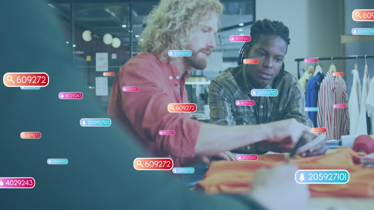 Animation of social media data processing over diverse creative businessmen in office