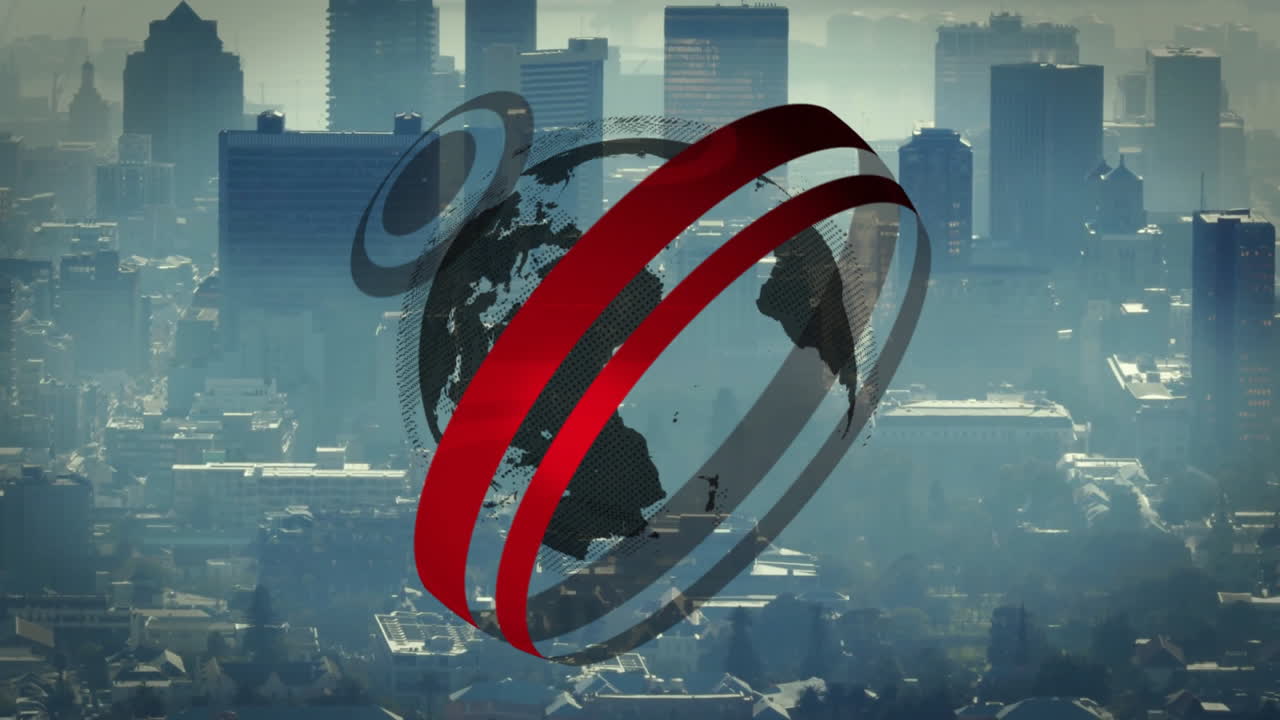 Rotating globe with red rings animation over cityscape with tall buildings