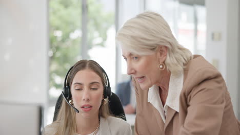 call center, women and coaching with computer