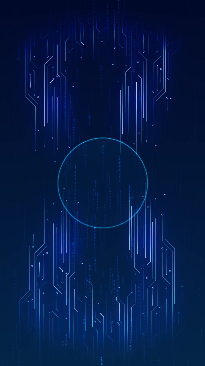 Blue circular circuit code background with glowing ring frame falling binary digits and dark