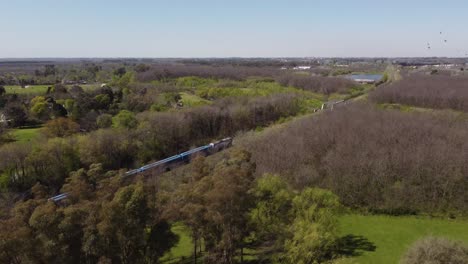 tren azul detrás de los árboles en la zona rural de buenos aires, argentina