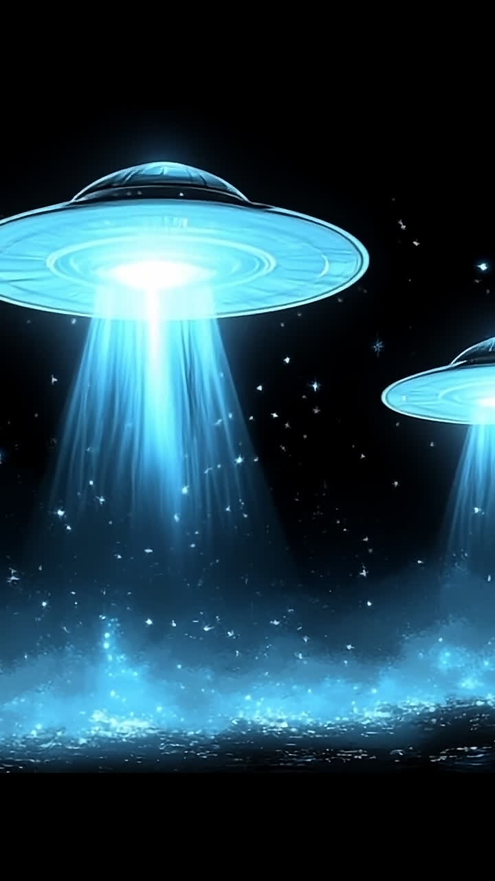 UFOs hover above a glowing landscape
