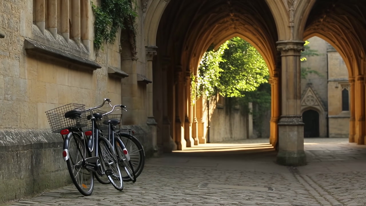 Bicycles Leaning Against Stone Archway Sunlit Courtyard Cobblestone Path Warm Golden Light Filtering