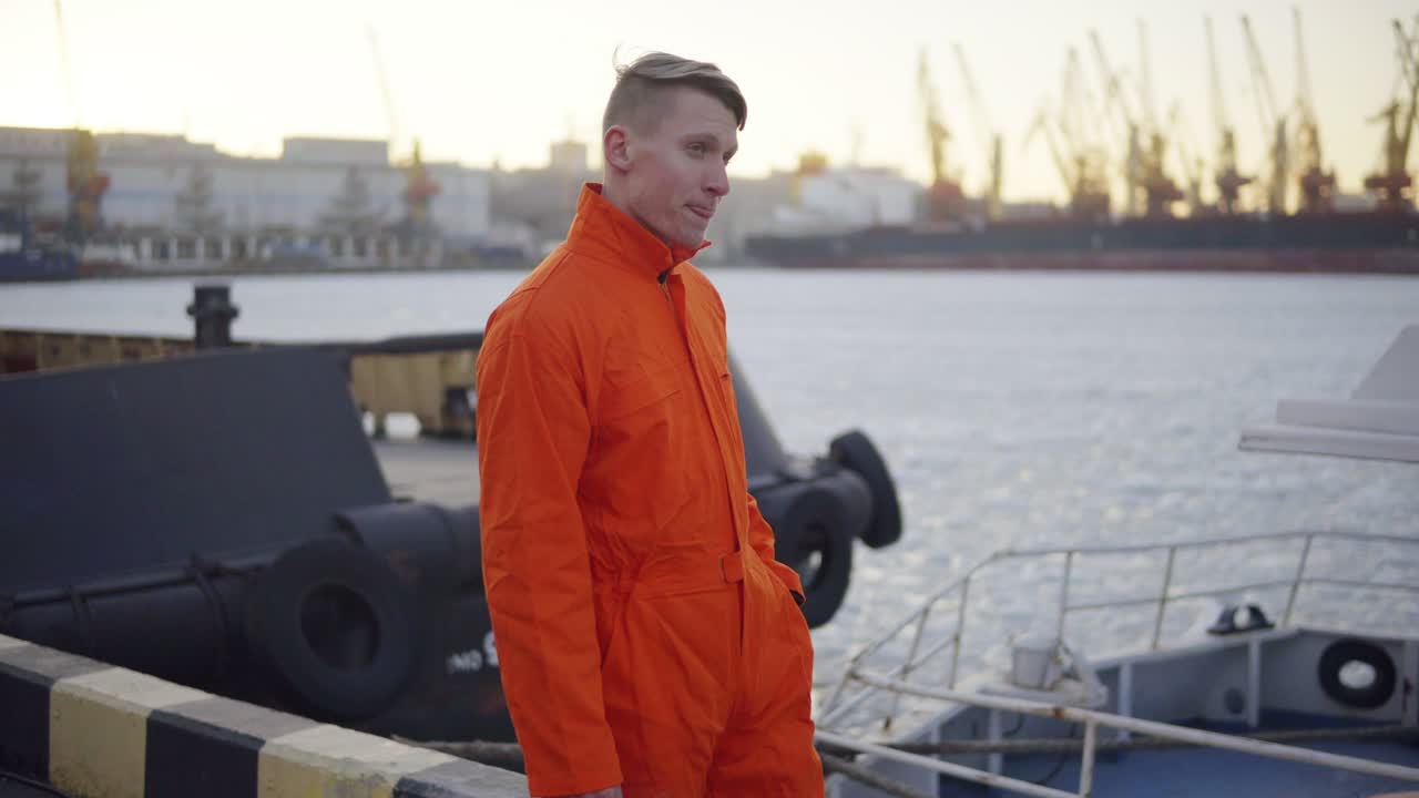 курительный работник логистической компании с сигаретой перед судами в гавани во время перерыва