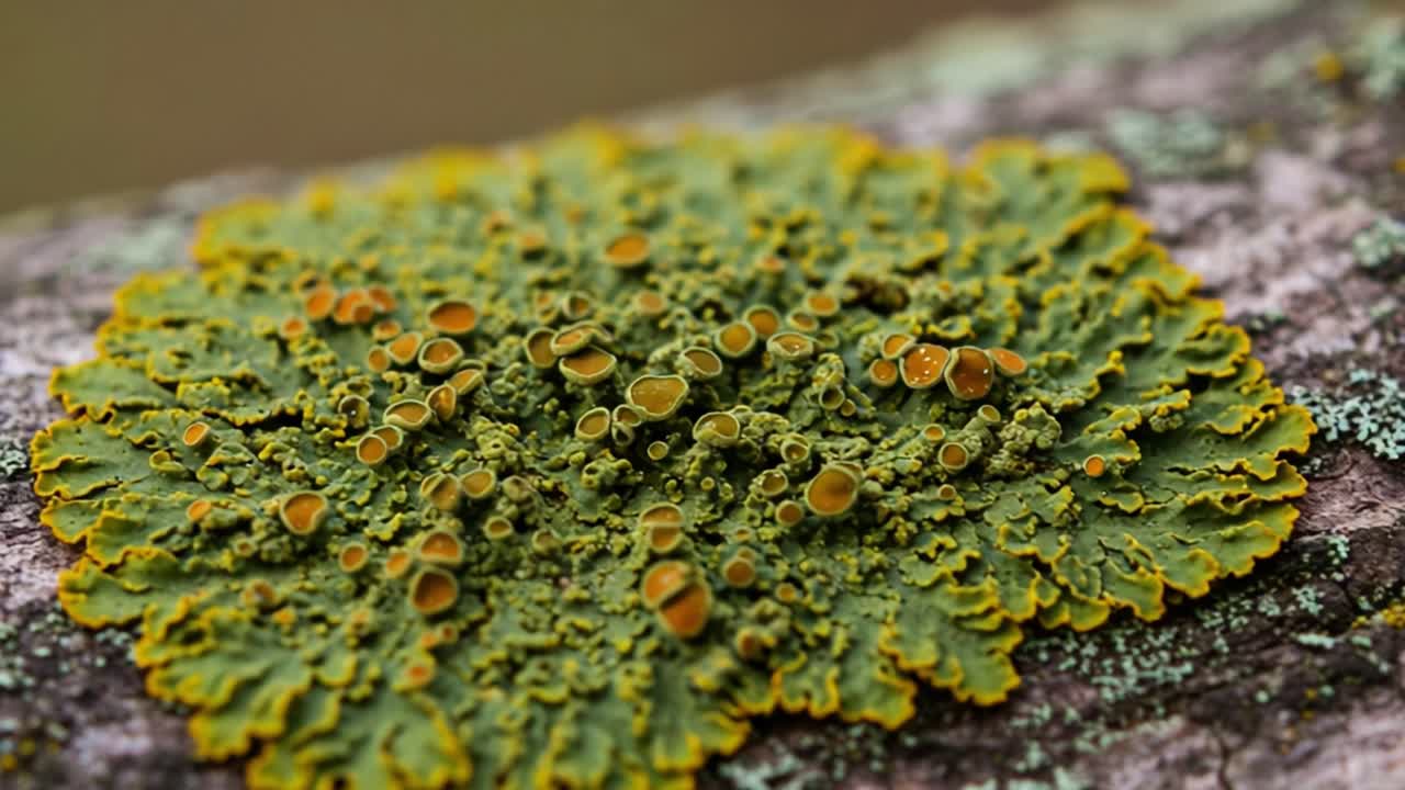 Close-Up View of a Vibrant Green and Yellow Lichen Growth on a Tree Limb, Showcasing Nature's Intricate Patterns and Textures in an Outdoor Environment