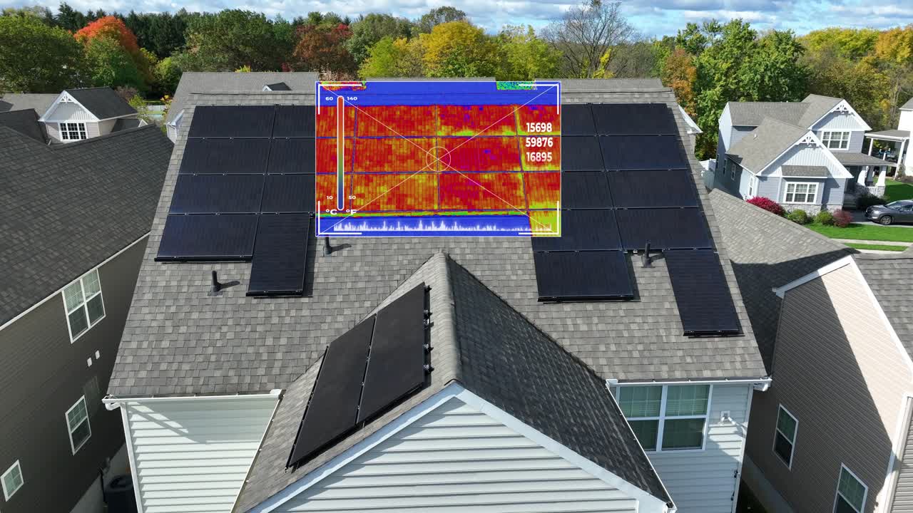 Thermal heat map animation over solar panels on shingle roof