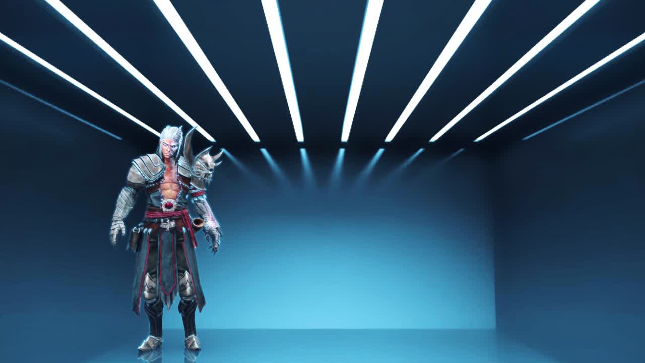 가상 현실 헤드을 착용한 남자가 게임 캐릭터로 변신합니다.