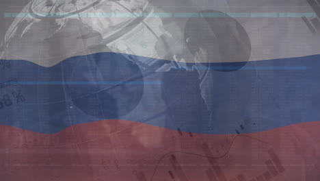 animation of flag of russia over globe and charts processing data