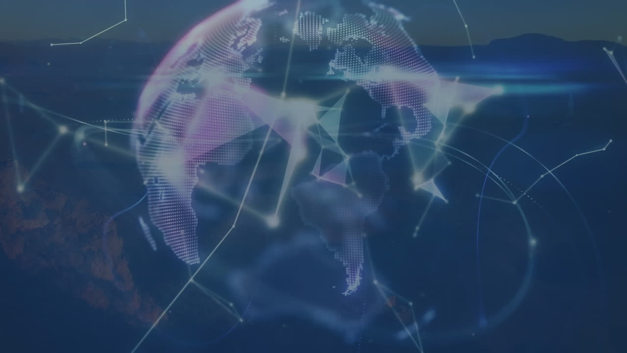 배경에서 풍경 위의 지구와 연결 네트워크의 애니메이션