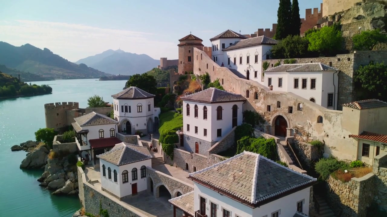 Drone che panoramica rivelando case bianche intonacate con tetti di tegole su una costa rocciosa, esponendo una torre arrotondata.