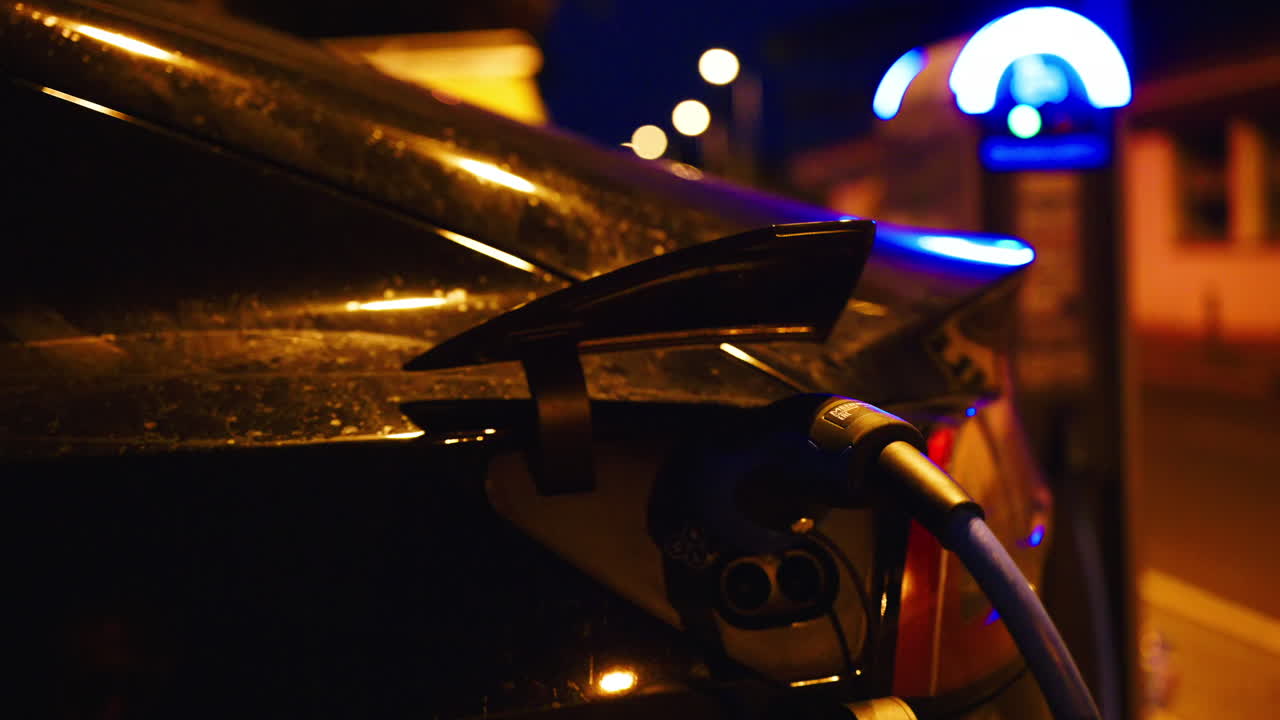 Black, electric car charging on the street at night