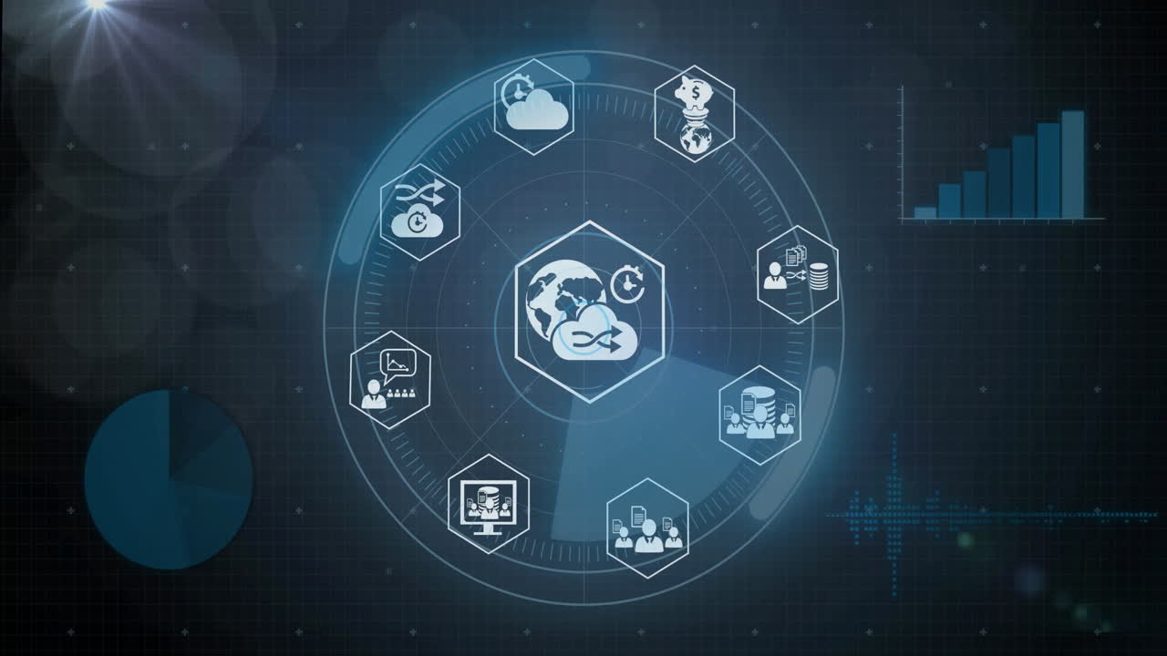 animación del procesamiento de datos con escaneo de alcance e iconos comerciales en fondo negro