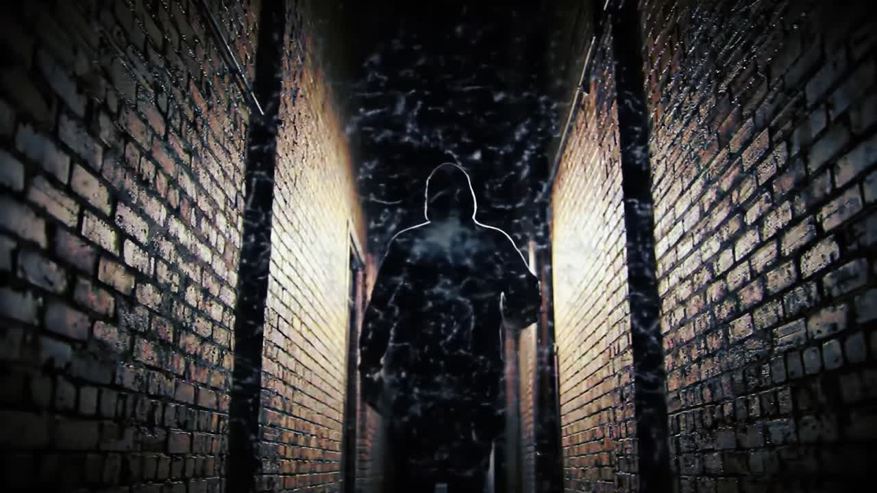 Mysterious Figure in Shadowy Alley: A Haunting Encounter Captured in Cinematic Frames That Evoke Suspense and Intrigue Amidst Dim Lighting and Textured Walls