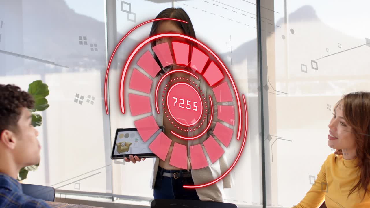 Standing woman presenting tech metrics, red HUD appearing over her pulsing numbers, showing tablet