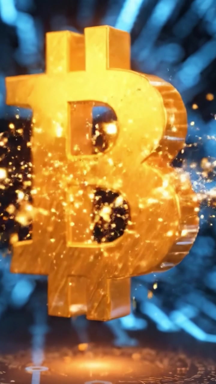 Un simbolo Bitcoin dorato e luminoso circondato da uno sfondo digitale futuristico che rappresenta i progressi della criptovaluta e della tecnologia blockchain