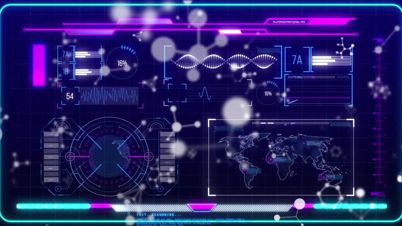 Animation of dna strand and molecules over data processing on black background