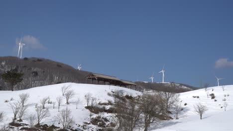 granja de energía eólica en la montaña cubierta de nieve, corea del sur