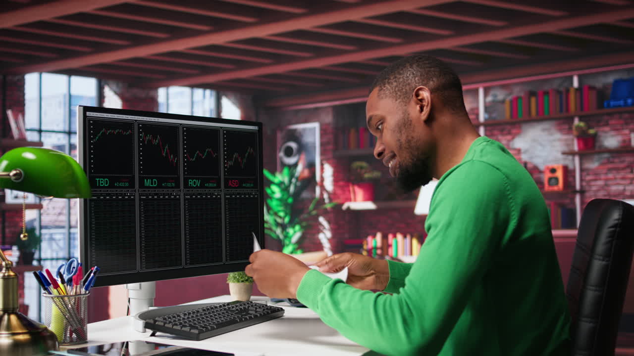 Vertical Video Male investor clapping hands in excitement after gaining money by selling stock