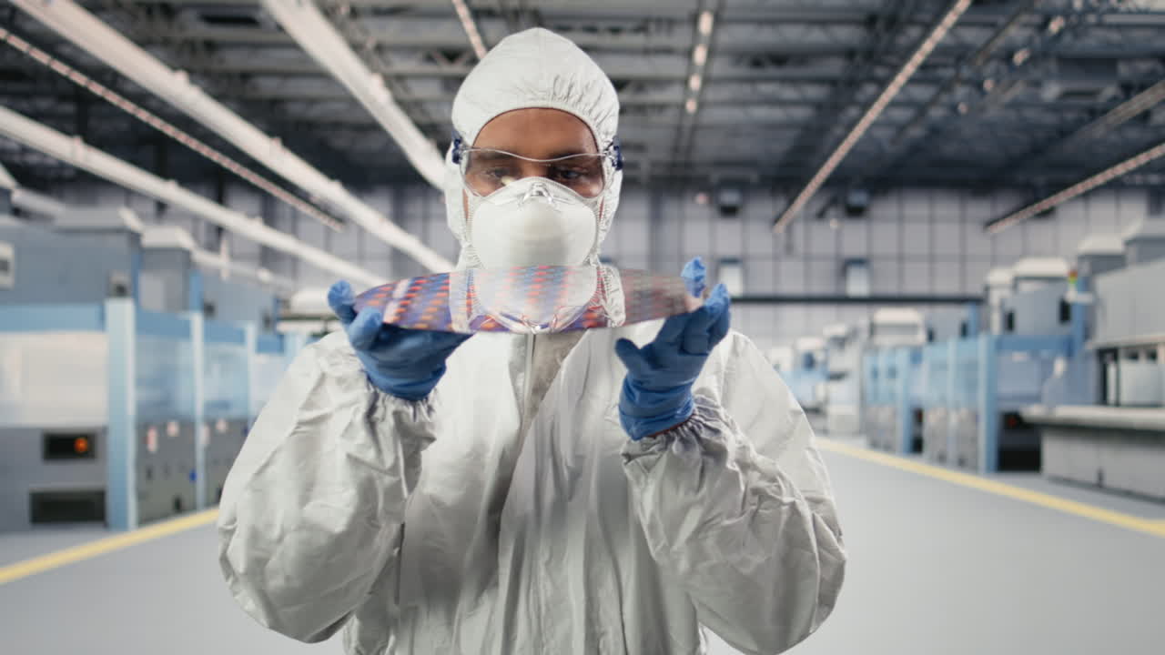 Cleanroom technician holding processed silicon wafer