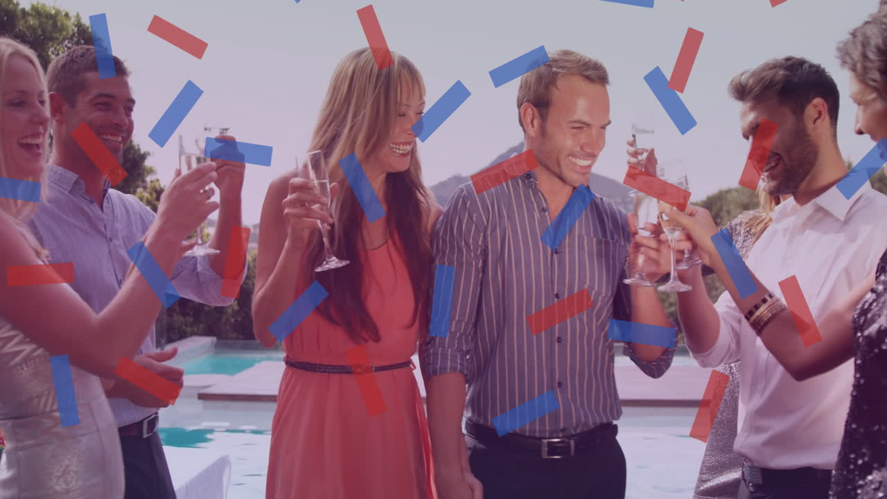 술과 함께 행복한 다양한 친구들 위에 콘페티의 애니메이션