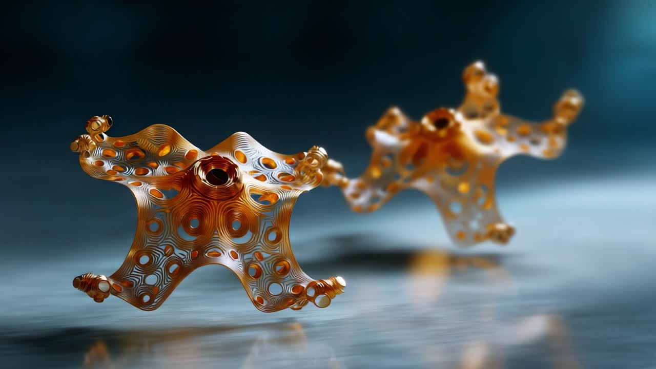 Intricate Orange Abstract Shapes Gliding Through a Soft Blue Background, Showcasing Delicate Patterns and Fluid Dynamics in a Mesmerizing Visual Dance of Organic Forms and Colors