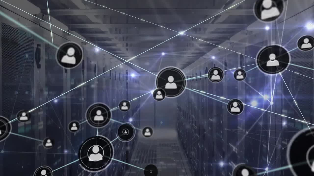 Animation of network of connections with icons and data processing over server room